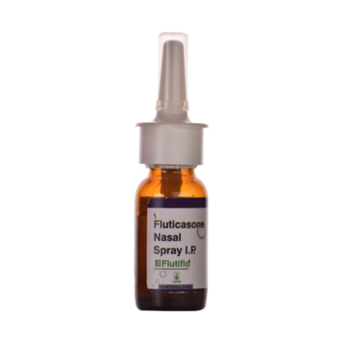 Flutiflo Nasal Spray amber glass bottle with white nasal applicator cap