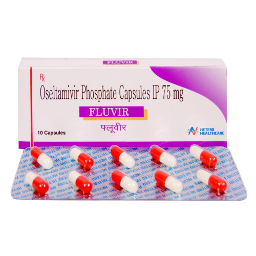 Fluvir 75mg (Oseltamivir Phosphate) capsules box packaging with red and white blister strips