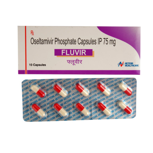 Fluvir 75mg (Oseltamivir Phosphate) branded carton with silver foil blister packs