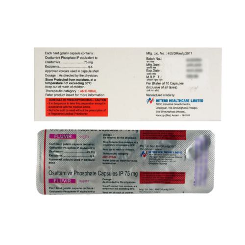 Fluvir 75mg (Oseltamivir Phosphate) close-up of dosage label and capsule blister strip
