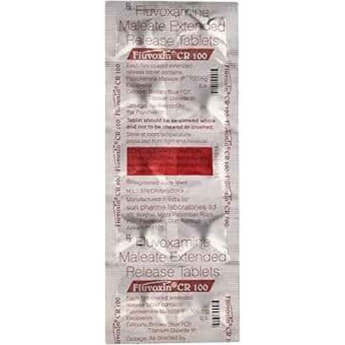 Fluvoxin CR 100 blister strip showing fluvoxamine maleate tablets, psychiatric medication for OCD, generalized anxiety disorder, and PTSD, online pharmacy