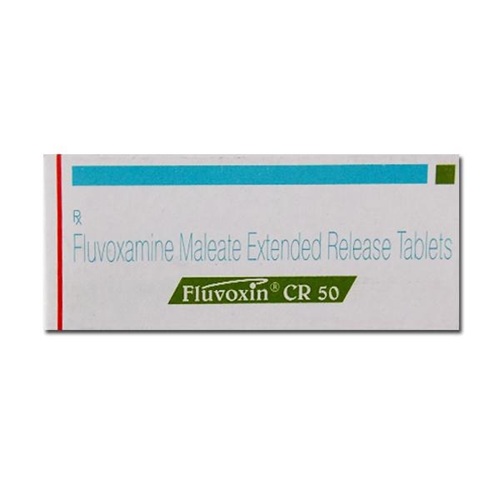 Fluvoxin CR 50 box packaging with 10 tablets fluvoxamine maleate, SSRI antidepressant for OCD, depression, and anxiety disorders, online pharmacy ZarvyPharm