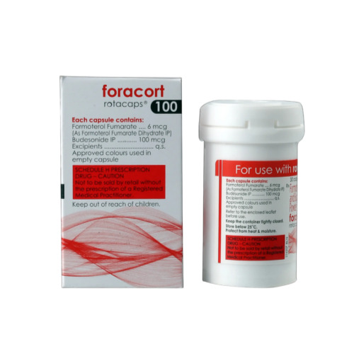 Foracort 100 Rotacaps (Formoterol and Budesonide) branded carton and dosage label with container
