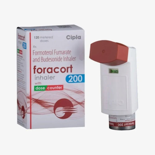 Foracort 200 inhaler device with outer box showing Cipla branding and dosage information