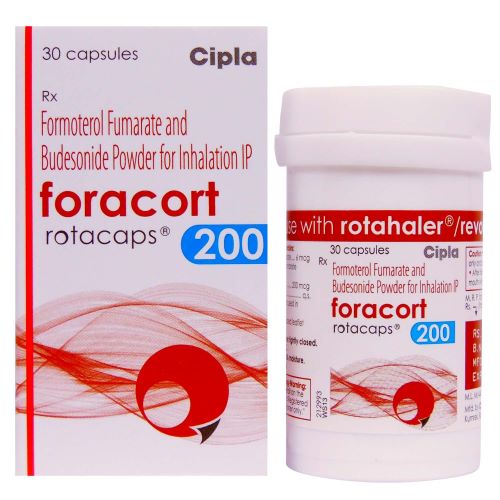 Cipla Foracort 200 Rotacaps box with red design and capsule container front view