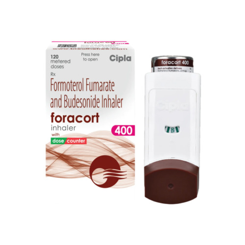 Foracort 400 Inhaler (Formoterol and Budesonide) box packaging with brown inhaler device