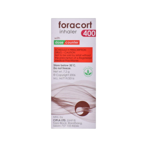 Foracort 400 Inhaler (Formoterol and Budesonide) branded carton with dosage information label