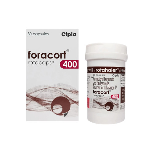 Foracort 400 Rotacaps (Formoterol and Budesonide) box packaging with white bottle container