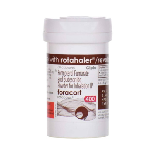 Foracort 400 Rotacaps (Formoterol and Budesonide) branded plastic container with dosage label