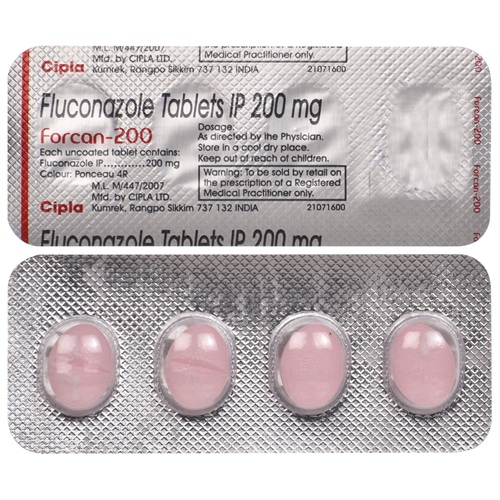Forcan 200mg silver blister strip with large pink tablets and dosage label