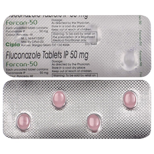 Forcan 50mg silver blister strip with pink round tablets and dosage label