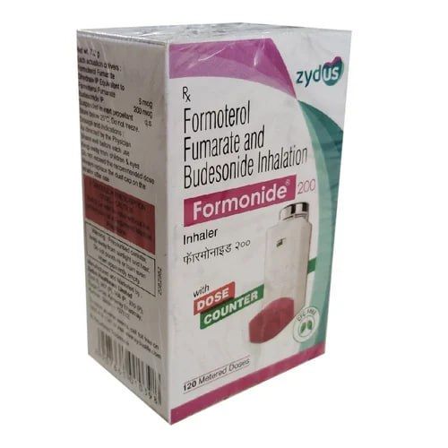 Formonide 200 Inhaler (Formoterol and Budesonide) branded carton and inhaler device displayed together