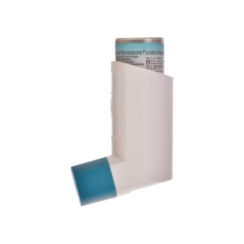 Side view of Formost 200 inhaler device with opened blue cap and instruction insert