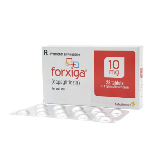 Forxiga 10mg box with blister strip placed beside, tablets and packaging legible