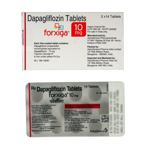 Forxiga 10mg blister strip close-up, tablets and printed label details visible