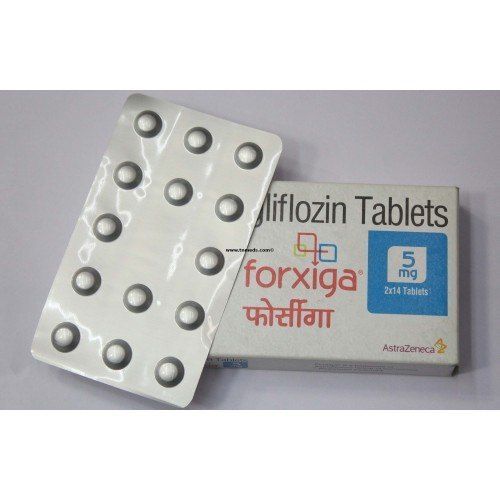 Forxiga 5mg box with blister pack displayed, packaging and dosage details visible