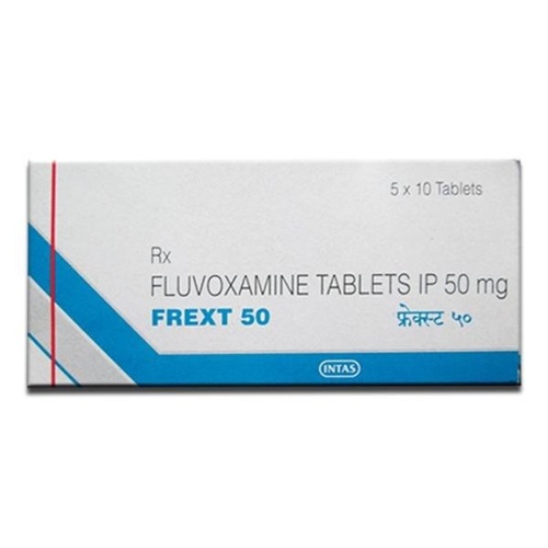 Frext 50 box packaging with 50 tablets fluvoxamine maleate, SSRI antidepressant for OCD, depression, and anxiety disorders, online pharmacy ZarvyPharm