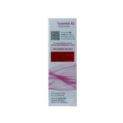 Furamist AZ Nasal Spray 70 mdi box back label and bottle side view