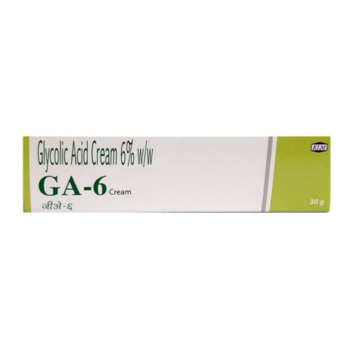 GA 6 Cream 30gm (Glycolic Acid 6%) outer box packaging in white and green color scheme