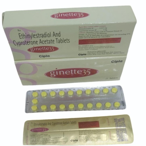Ginette 35 (Cyproterone Acetate + Ethinylestradiol) box packaging with multiple blister packs of yellow tablets