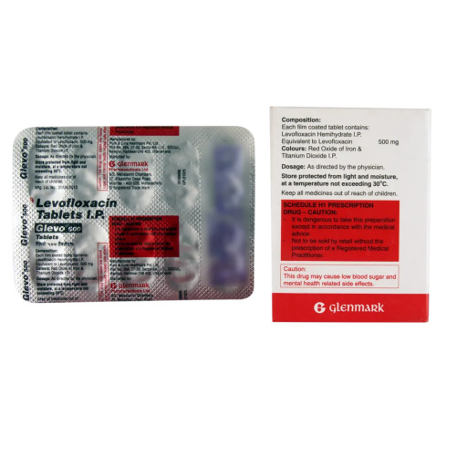 Glevo 500 tablets blister strip close-up