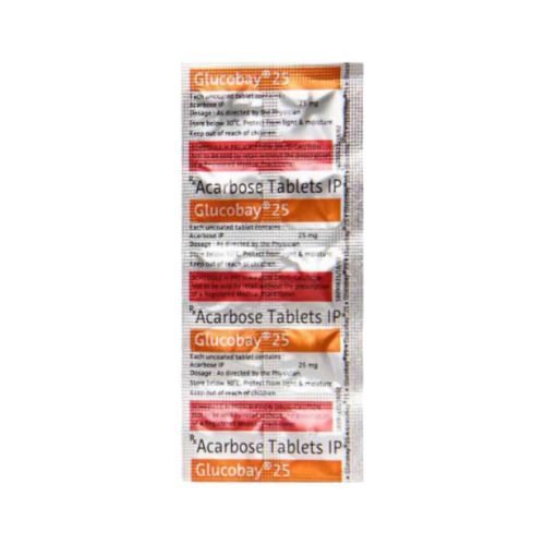 Glucobay 25mg strip of red and silver blister packs containing acarbose tablets