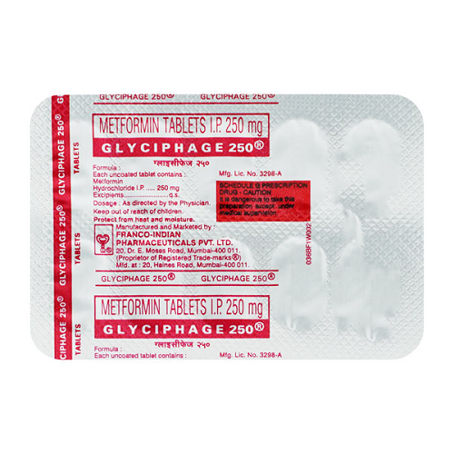Glyciphage 250mg blister strip close-up, tablets and printed label information legible