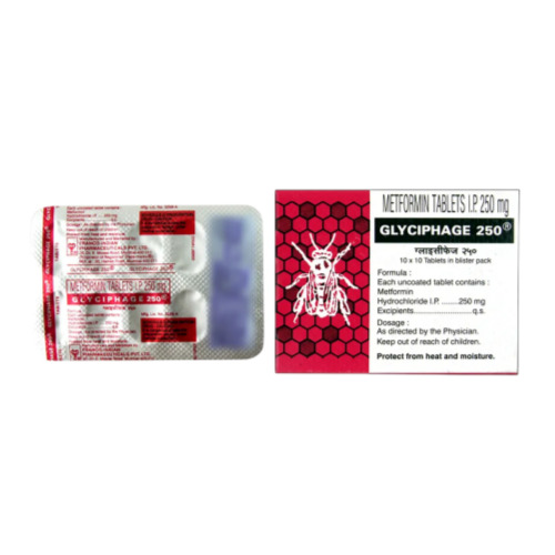 Glyciphage 250mg box with blister strips displayed, packaging and dosage details visible