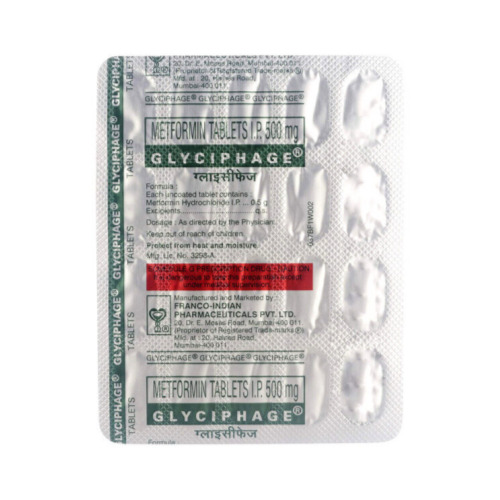 Glyciphage 500mg blister strips close-up, tablets and printed label details legible