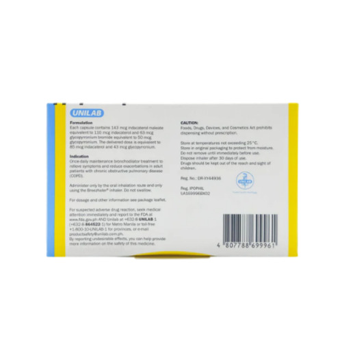 Glycoair Breezhaler pack showing 110mcg and 50mcg combination with inhaler kit