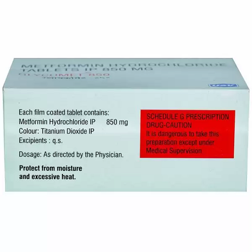 Glycomet 850mg box and blister strip arranged, packaging and dosage details identifiable
