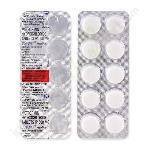 Glycomet SR 500mg blister strips close-up, tablets and printed label details visible