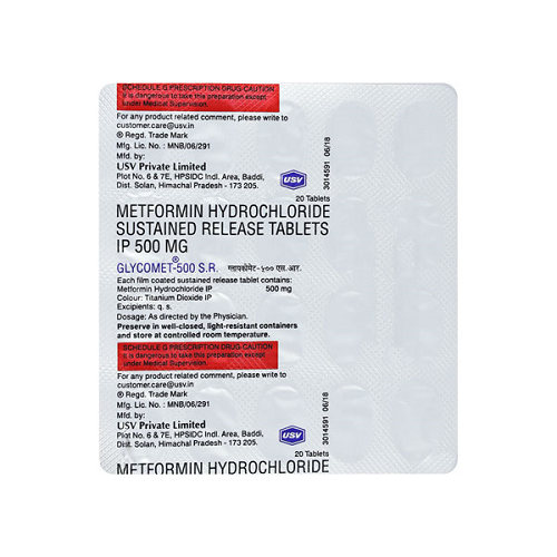 Glycomet SR 500mg box with multiple blister strips displayed, packaging and dosage identifiable