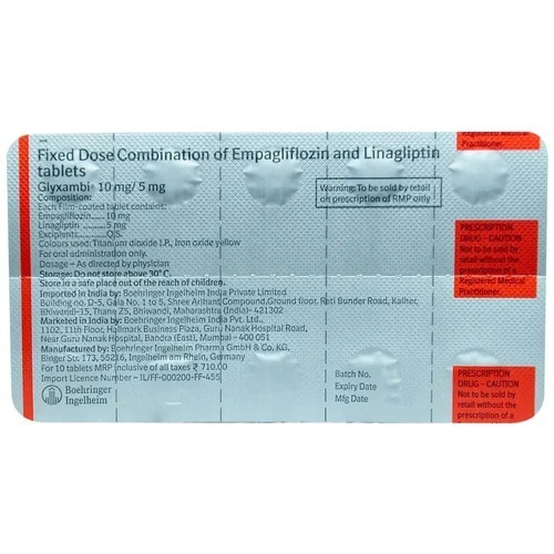 Glyxambi 10/5mg tablets silver foil blister pack with blue background and red sealing edge