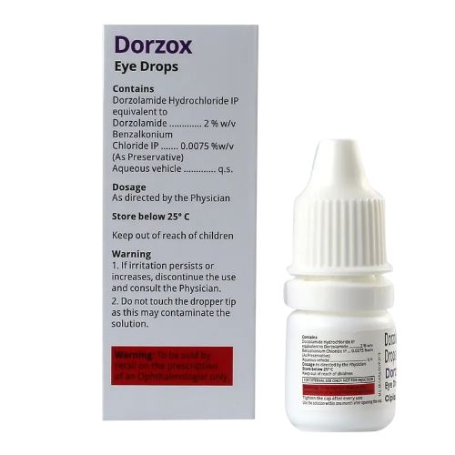 Dorzox Eye Drops 2% w/v back box and bottle label 5ml Cipla information side