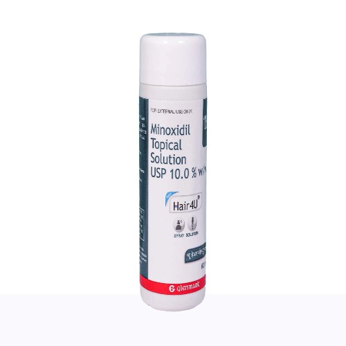 Hair4U 10% (Minoxidil) white bottle with red cap design for advanced hair regrowth treatment
