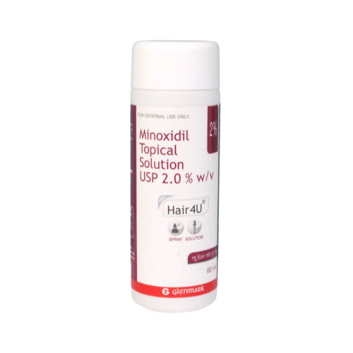 Hair4U 2% (Minoxidil) white bottle with red cap design for hair regrowth treatment