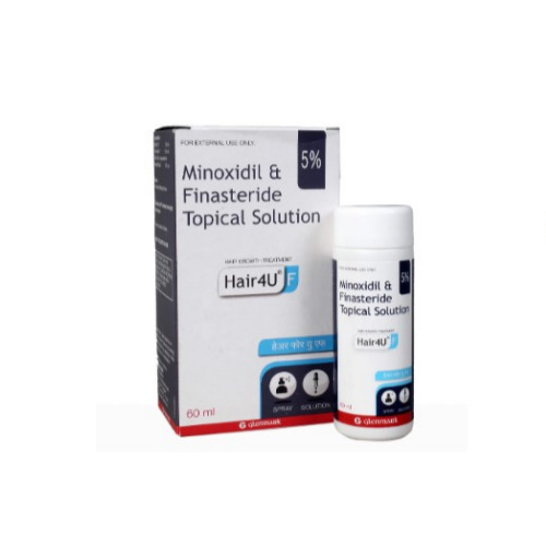 Hair4U 5% Solution 60ml box with bottle placed beside, label and packaging legible