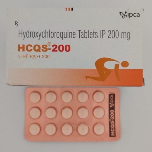 Close-up of HCQS 200mg blister pack laid flat with box