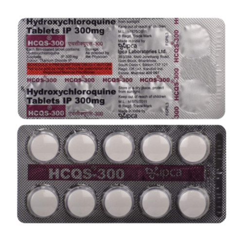 HCQS 300 (Hydroxychloroquine Sulfate) close-up of silver blister pack with 10 white round tablets and printed label