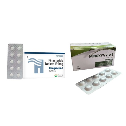 Healpecia 1mg tablets with Minoxyvy 2.5mg tablets set product, dual therapy for hair loss prevention and hair regrowth, blister packs displayed together