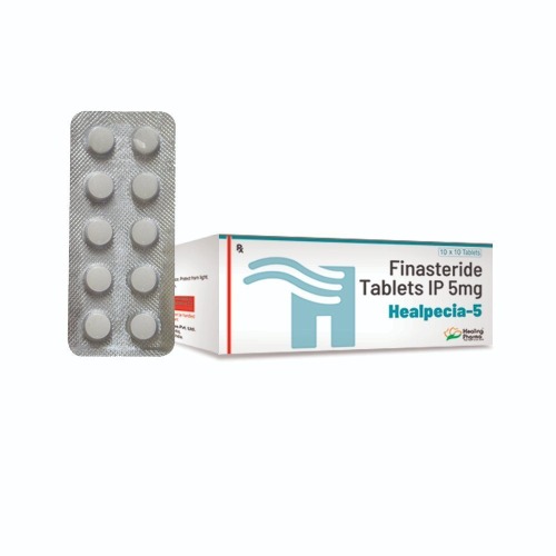 Healpecia 5mg 100 Tablets pack – finasteride box displayed with upright blister strip for BPH and hair regrowth