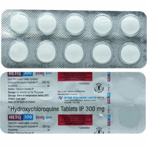HETQ 300 (Hydroxychloroquine Sulfate) silver blister pack showing 10 white round tablets with printed dosage label