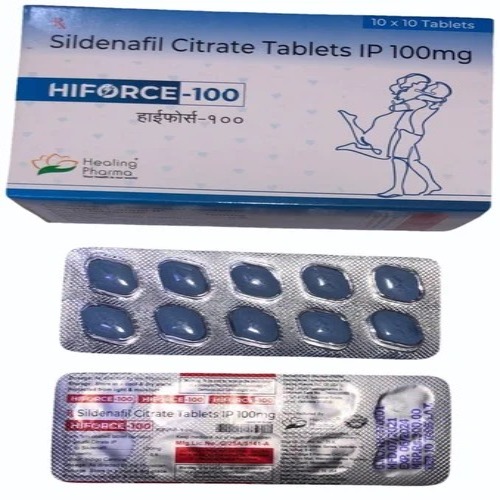 Hiforce 100 tablets blister pack showing blue film-coated tablets and printed foil