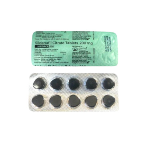 Hiforce 200mg (Sildenafil Citrate) green foil blister strip with black round tablets