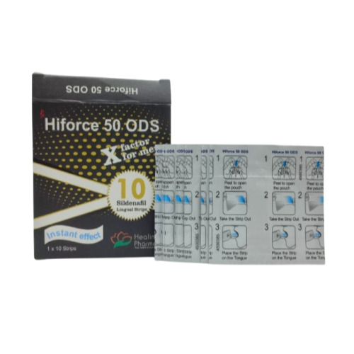 Hiforce ODS 50mg (Sildenafil Citrate) foil blister strips displayed with black carton