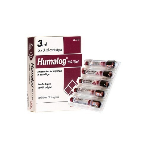 Humalog 100IU/ml insulin lispro 5x3ml injection pack with outer box and cartridges