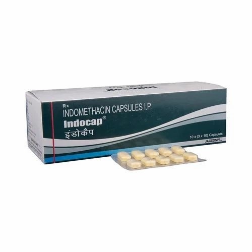 Indocap 25mg capsules box and yellow capsules blister pack, NSAID pain relief for inflammation and headache