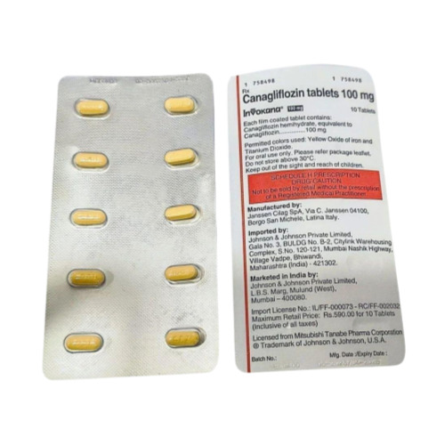 Invokana 100mg blister strip close-up, tablets and printed label details visible