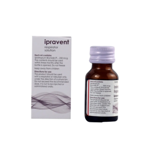 Ipravent 250 Respirator Solution 15ml close-up of label on brown glass bottle with box background